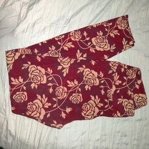 LuLaRoe One Size Leggings beige flowers on burgundy background